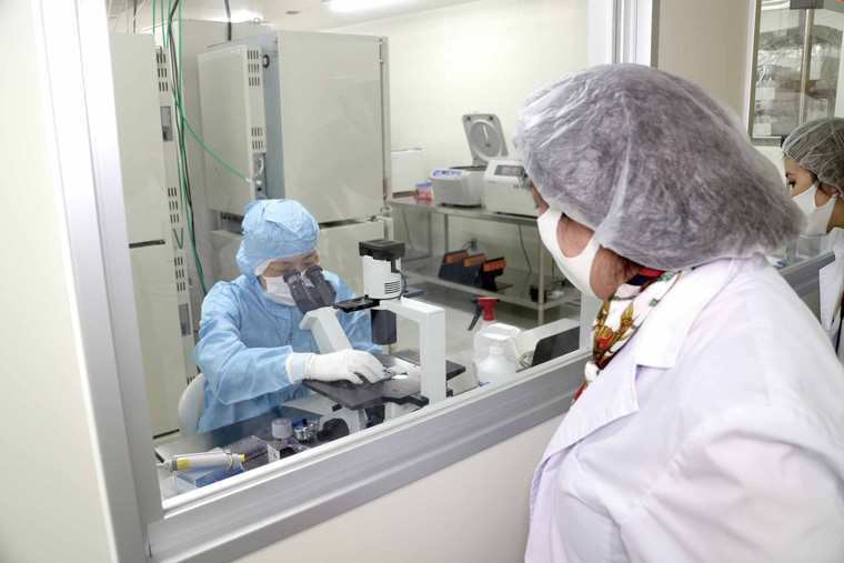 細胞培養加工施設で顕微鏡検査をしているスタッフの写真